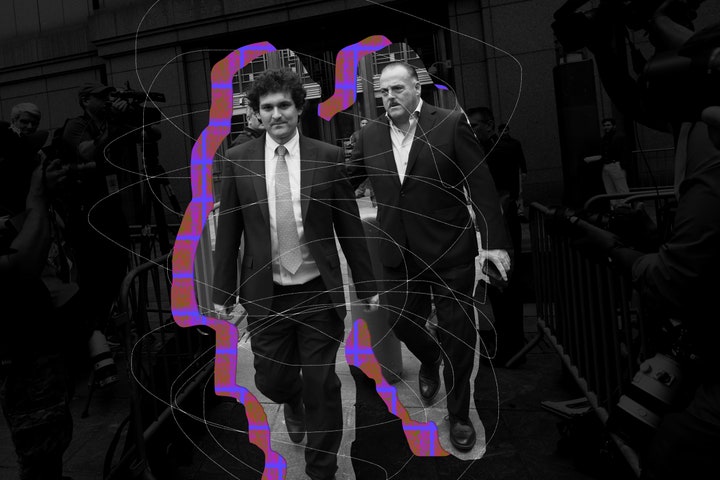 Photoillustration of Sam BankmanFried surrounded by photographers while being escorted out of a courthouse a grid...