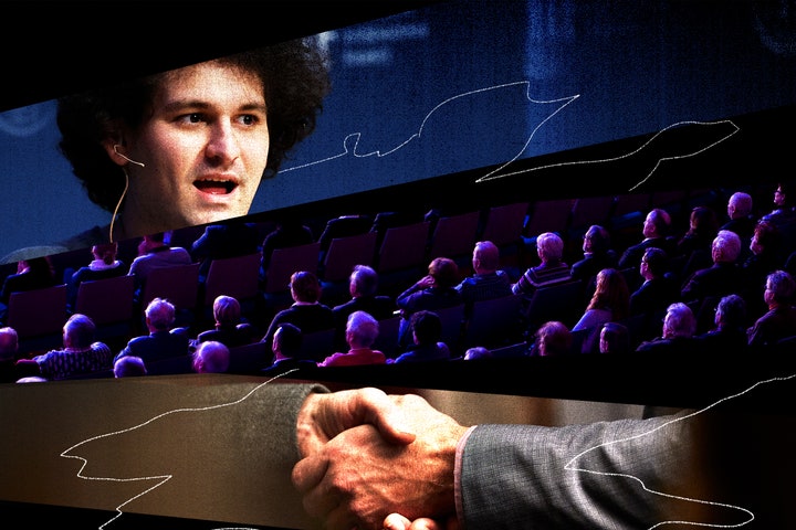 Three panels with Sam BankmanFried on top a crowd in the middle and then two business people shaking hands on the bottom.